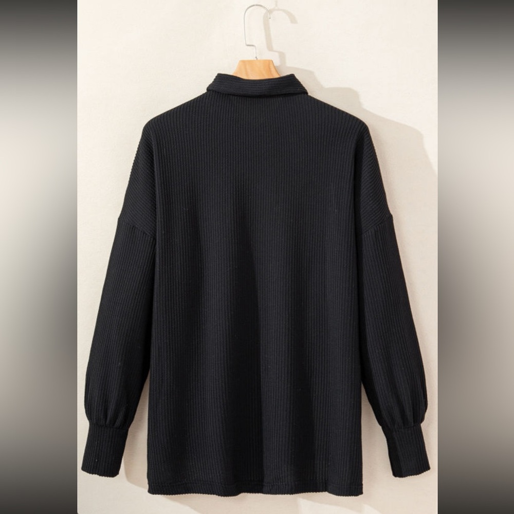 1031. Sequin button down corded ribbed long sleeve top black - Picture 4 of 4